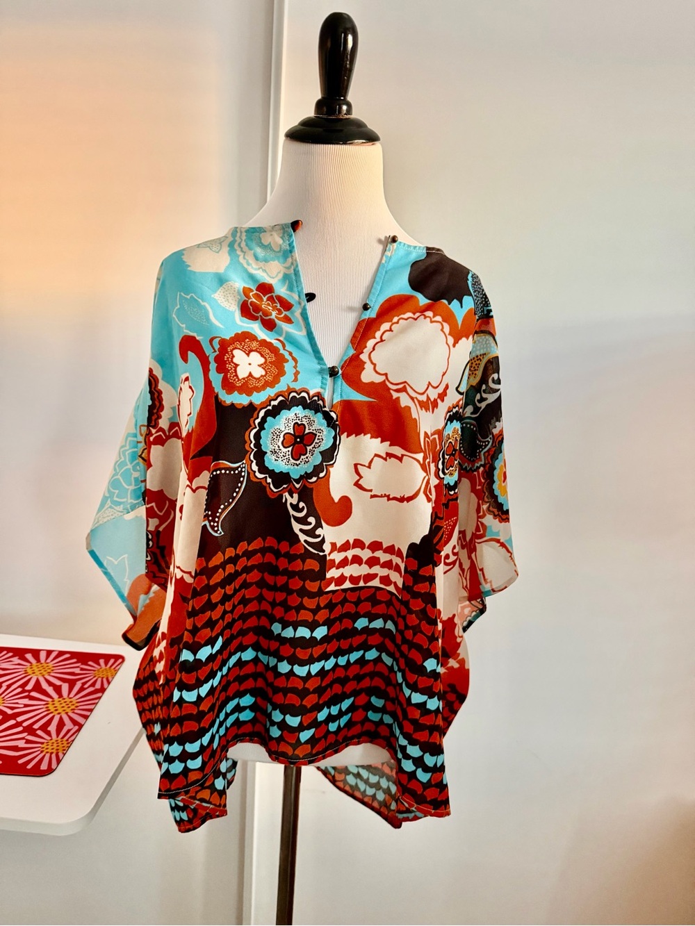 Collective Concepts Blue Orange Black Floral blouse can be used as swim cover up